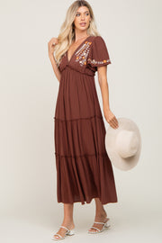 Brown Embroidered Tiered Maxi Dress