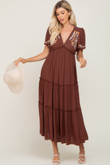 Brown Embroidered Tiered Maxi Dress