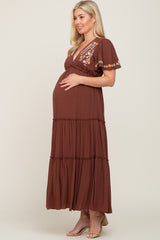 Brown Embroidered Tiered Maternity Maxi Dress