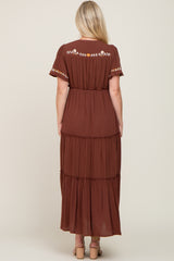 Brown Embroidered Tiered Maternity Maxi Dress