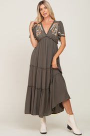 Olive Embroidered Tiered Maxi Dress