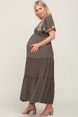 Olive Embroidered Tiered Maternity Maxi Dress