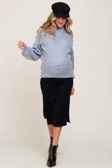 Blue Knit Turtleneck Maternity Sweater