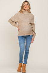 Beige Knit Turtleneck Maternity Sweater