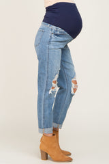 Blue Distressed Cuffed Maternity Jeans