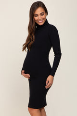 Black Rib Knit Turtleneck Maternity Sweater Dress