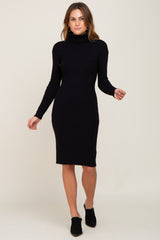 Black Rib Knit Turtleneck Sweater Dress