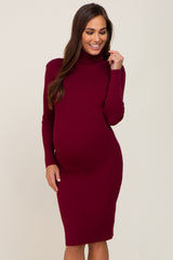 Burgundy Rib Knit Turtleneck Maternity Sweater Dress