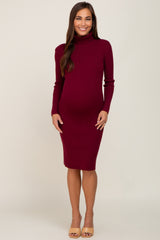 Burgundy Rib Knit Turtleneck Maternity Sweater Dress