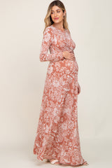 Rust Floral Twist Long Sleeve Maternity Maxi Dress