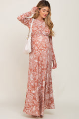 Rust Floral Twist Long Sleeve Maternity Maxi Dress