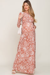 Rust Floral Twist Long Sleeve Maternity Maxi Dress