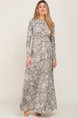 Sage Floral Twist Long Sleeve Maternity Maxi Dress