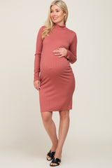 Mauve Ribbed Mock Neck Long Sleeve Maternity Dress