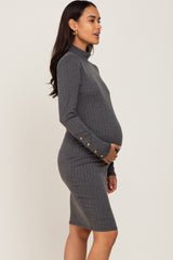 Charcoal Ribbed Mock Neck Long Sleeve Maternity Dress