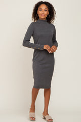 Charcoal Ribbed Mock Neck Long Sleeve Dress