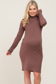 Brown Ribbed Mock Neck Long Sleeve Maternity Dress