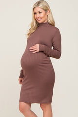 Brown Ribbed Mock Neck Long Sleeve Maternity Dress