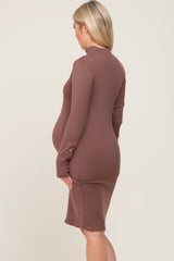 Brown Ribbed Mock Neck Long Sleeve Maternity Dress