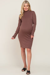 Brown Ribbed Mock Neck Long Sleeve Maternity Dress