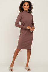 Brown Ribbed Mock Neck Long Sleeve Maternity Dress