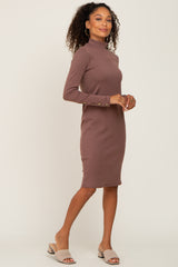 Brown Ribbed Mock Neck Long Sleeve Dress