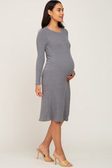 Grey Ribbed Long Sleeve Maternity Midi Dress