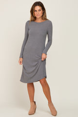 Grey Ribbed Long Sleeve Maternity Midi Dress