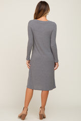 Grey Ribbed Long Sleeve Midi Dress