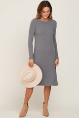 Grey Ribbed Long Sleeve Midi Dress