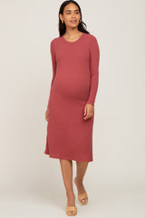 Rust Ribbed Long Sleeve Maternity Midi Dress