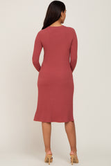 Rust Ribbed Long Sleeve Maternity Midi Dress