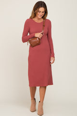 Rust Ribbed Long Sleeve Maternity Midi Dress