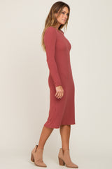 Rust Ribbed Long Sleeve Midi Dress