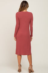 Rust Ribbed Long Sleeve Midi Dress