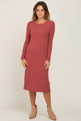 Rust Ribbed Long Sleeve Midi Dress