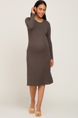 Brown Ribbed Long Sleeve Maternity Midi Dress