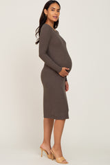 Brown Ribbed Long Sleeve Maternity Midi Dress