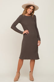 Brown Ribbed Long Sleeve Midi Dress