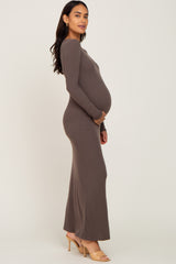 Mocha Ribbed Fitted Long Sleeve Maternity Maxi Dress