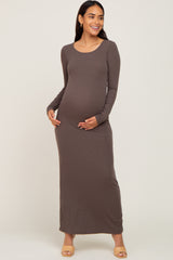 Mocha Ribbed Fitted Long Sleeve Maternity Maxi Dress