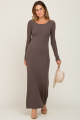 Mocha Ribbed Fitted Long Sleeve Maxi Dress