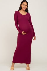 Burgundy Ribbed Fitted Long Sleeve Maternity Maxi Dress