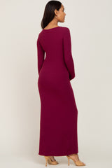 Burgundy Ribbed Fitted Long Sleeve Maternity Maxi Dress