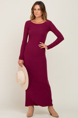 Burgundy Ribbed Fitted Long Sleeve Maternity Maxi Dress