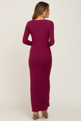 Burgundy Ribbed Fitted Long Sleeve Maxi Dress