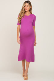 Magenta Rib Knit Flare Maternity Midi Dress