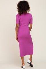 Magenta Rib Knit Flare Midi Dress