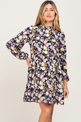 Black Floral Ruffle Mock Neck Maternity Dress