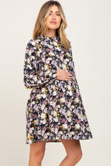 Black Floral Ruffle Mock Neck Maternity Dress